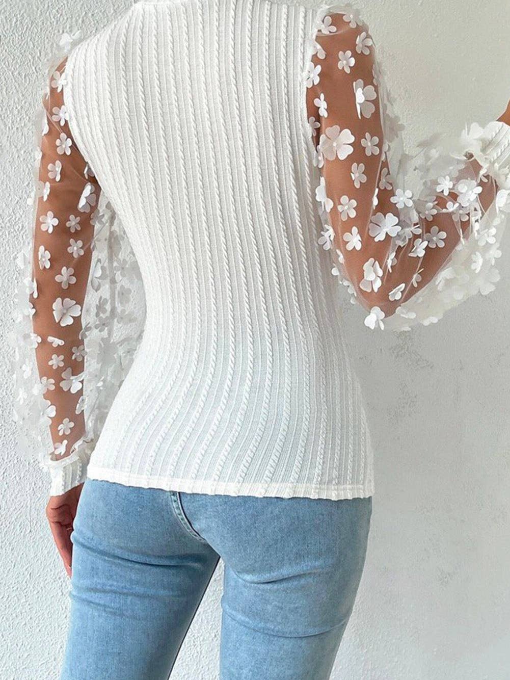 Floral Applique Mesh Sleeves Textured Knit Blouse